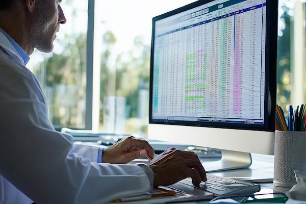 Healthcare professional providing medical coding and documentation services at a computer workstation