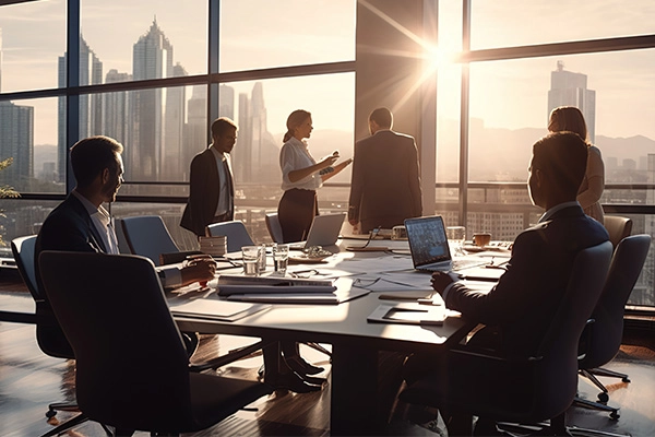 A meeting discussing accounting for professional services firms, with a city skyline and sunset visible through large windows.